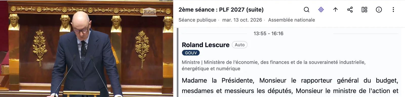 Page Polyfact d'une séance publique sur le projet de loi de finances : la vidéo et le texte de l'intervention du ministre, avec son nom et sa fonction.