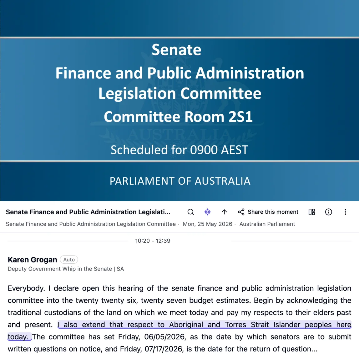 Polyfact's player on a Senate estimates hearing: the broadcast above, the transcript below with the speaker's name and the sentence being said highlighted.